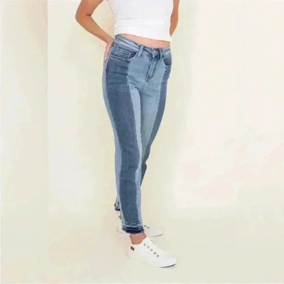 Flying Monkey sz 26 two tone color block jean frayed hem high waist best seller - Picture 2 of 10